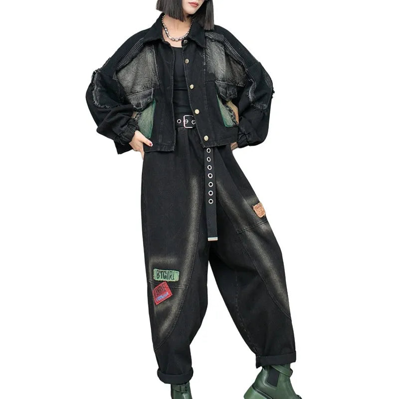 Spring Autumn New Trendy Cool Personality Distressed Long Sleeved Denim Jacket + Harem Pants Two-piece Set Women LX154