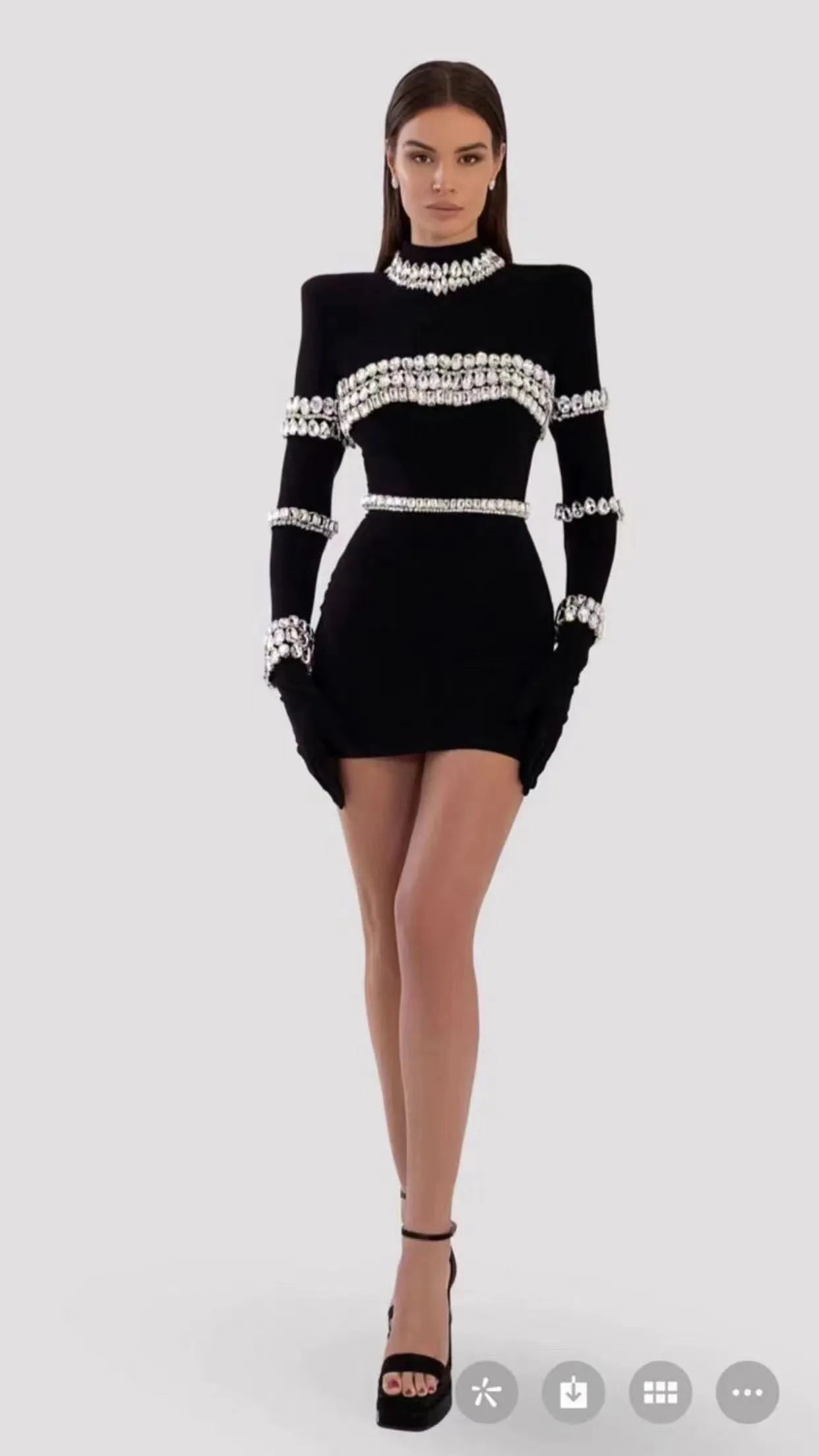 STOCK New Winter Sparkling Diamonds Half High Collar Black Mini Bandage Dress Fashion Woman Evening Party Outfit