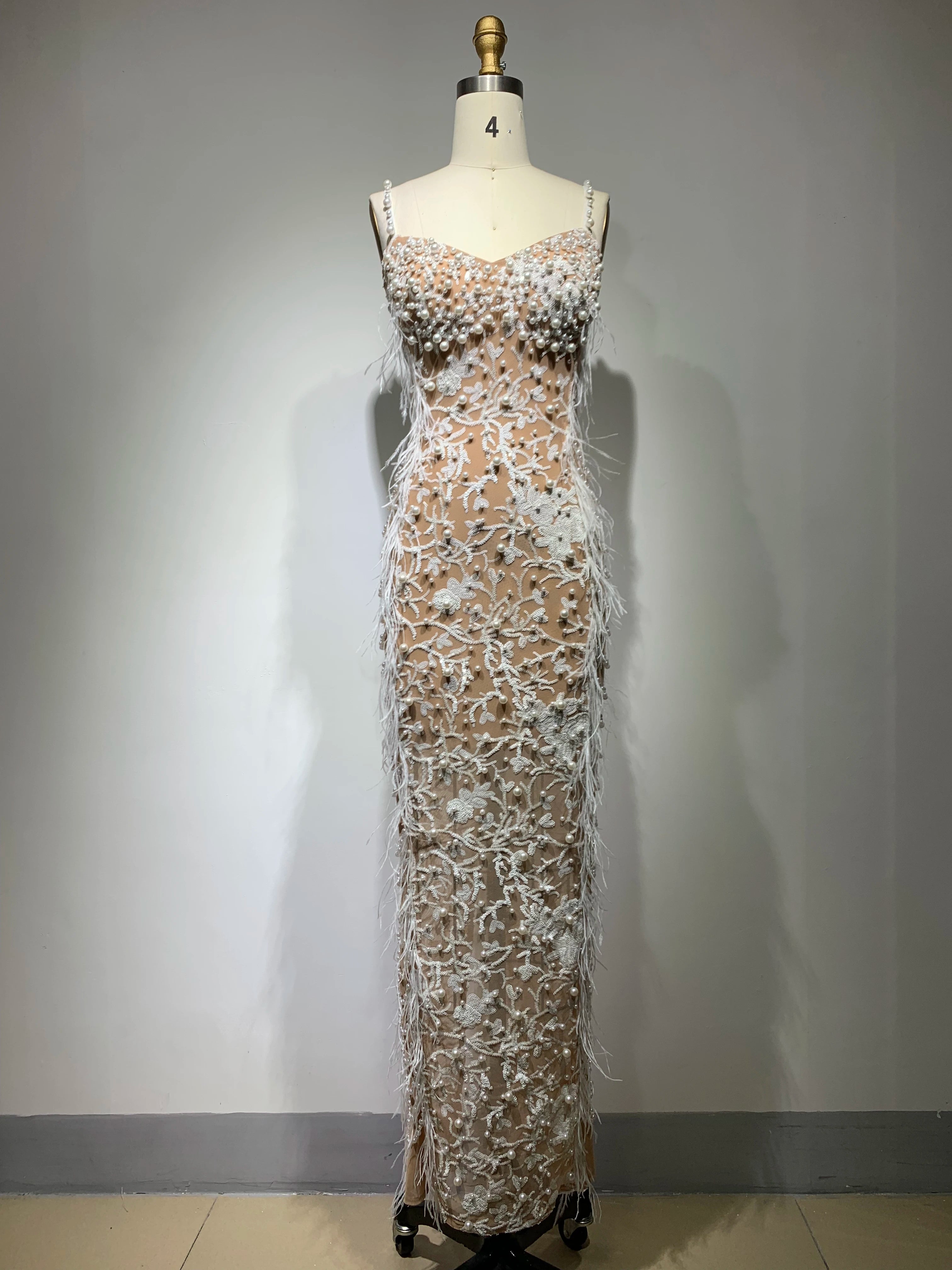 Top Handmake Luxury Women Sleeveless Sexy Feathers Pearl Beading Bodycon Long Dress Fashion Celebrate Red Carpet Dress