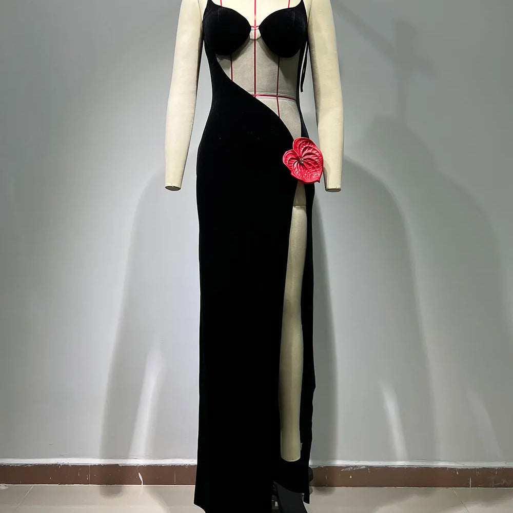 2024 Sexy Women Max Dress Spaghetti Strap Sleeveless Bodycon Perspective Sheer Patchwork High Slit Long Dress Club Party Vestido