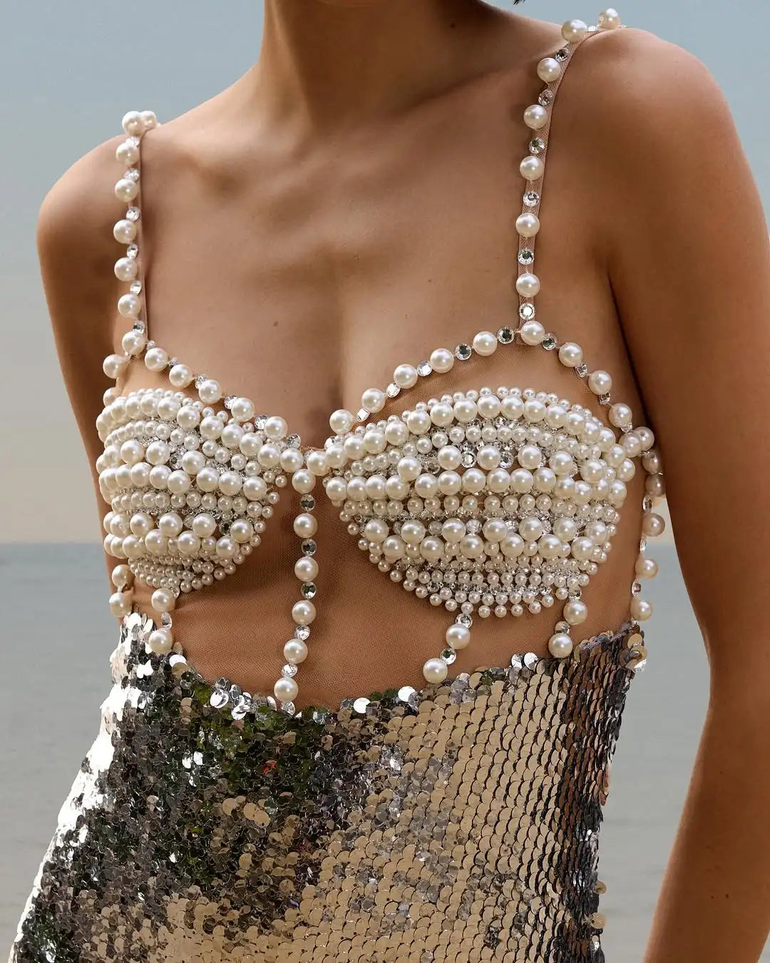 Fashionable Haute Couture Woman Evening Dress Pearl Sliver Sequins Spaghetti Strap Long Dress Celebrity Birthday Party Outfit