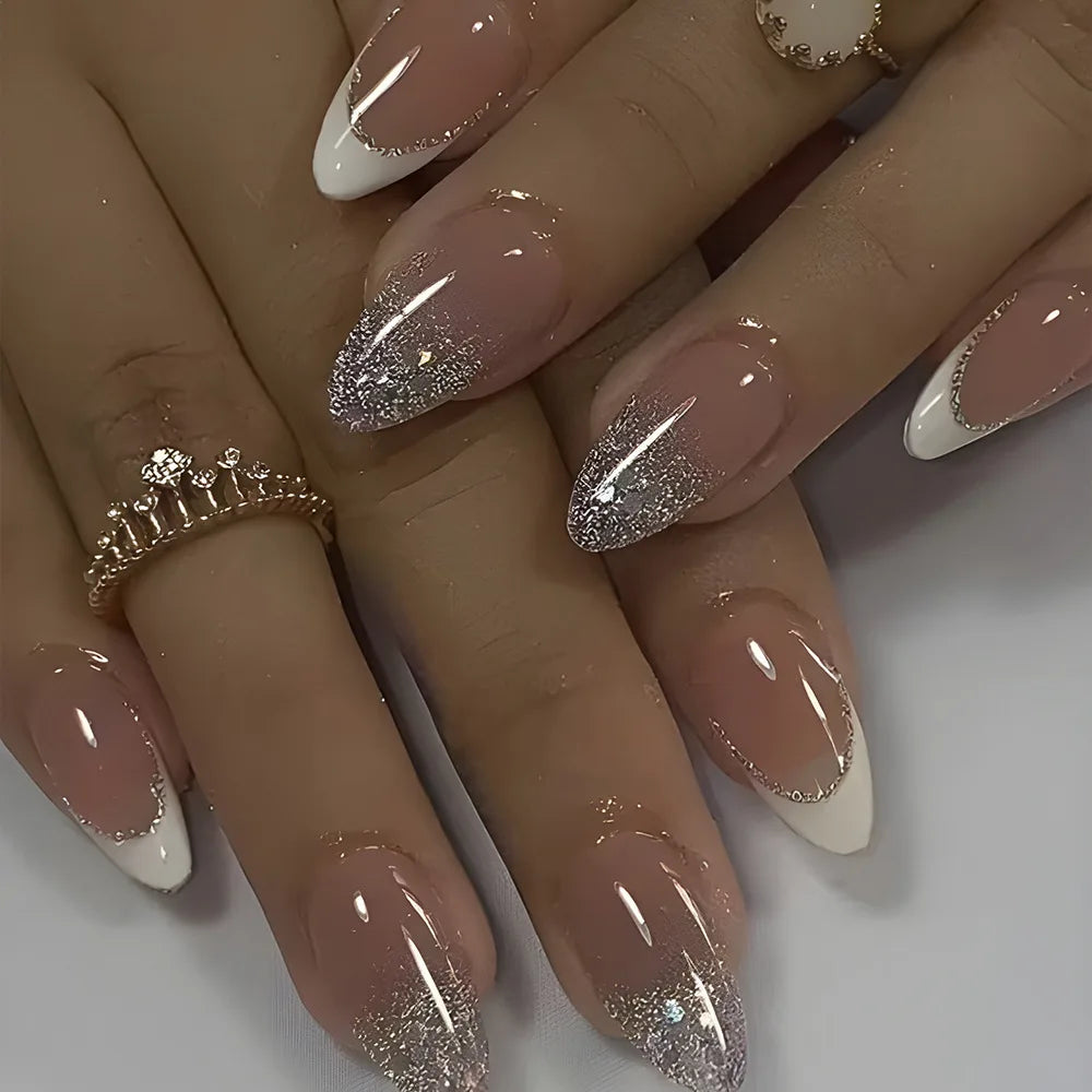 24Pcs Simple French Nails Art Tips Fake Nails 3D Design Wearable Full Cover False Nail Mid-length Almond Reusable Press on Nails 1674