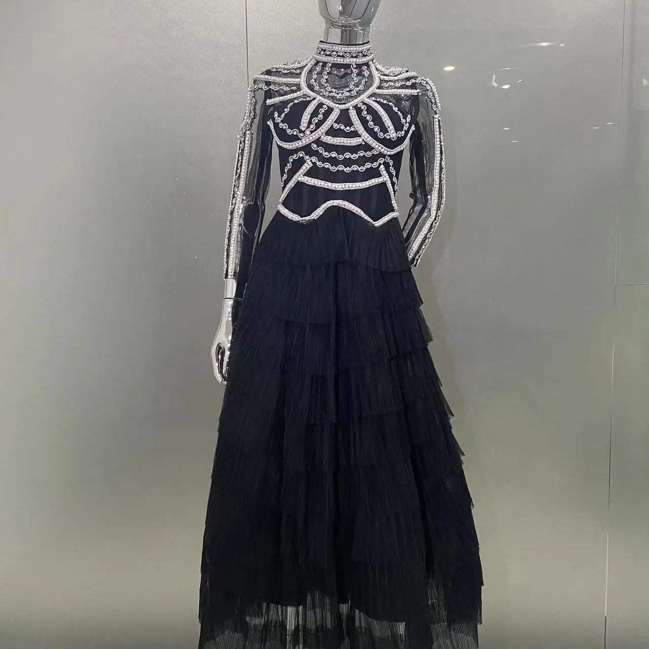 2024 New Autumn Women Long Sleeve Sexy Beading Crystal Ball Gown Long Dress Celebrate Fashion Red Carpet Celebrity Dress Vestido