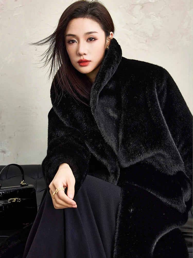 Lautaro Winter Extra Long Elegant Luxury Chic Thick Warm Soft Black Fluffy Faux Fur Coat Women Shawl Collar Furry Overcoat 2025