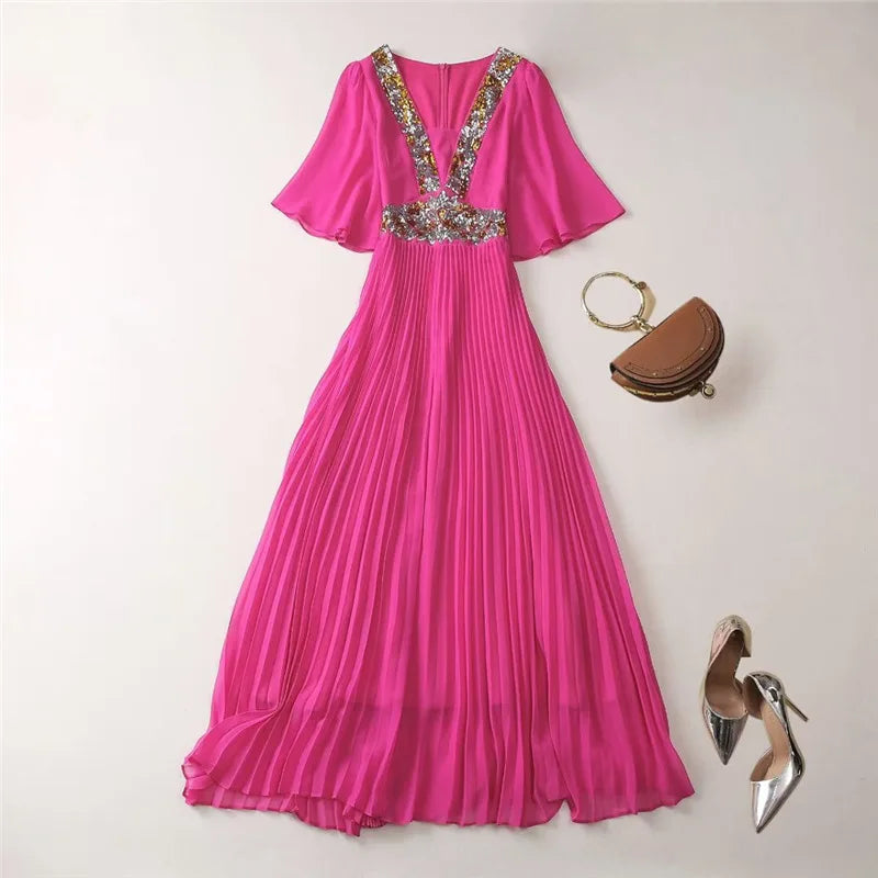 Solid Sheer Spliced Sequin Dresses for Women Square Neck Half Sleeves Patchwork Folds Elegant Dress Female Clothing ROSE