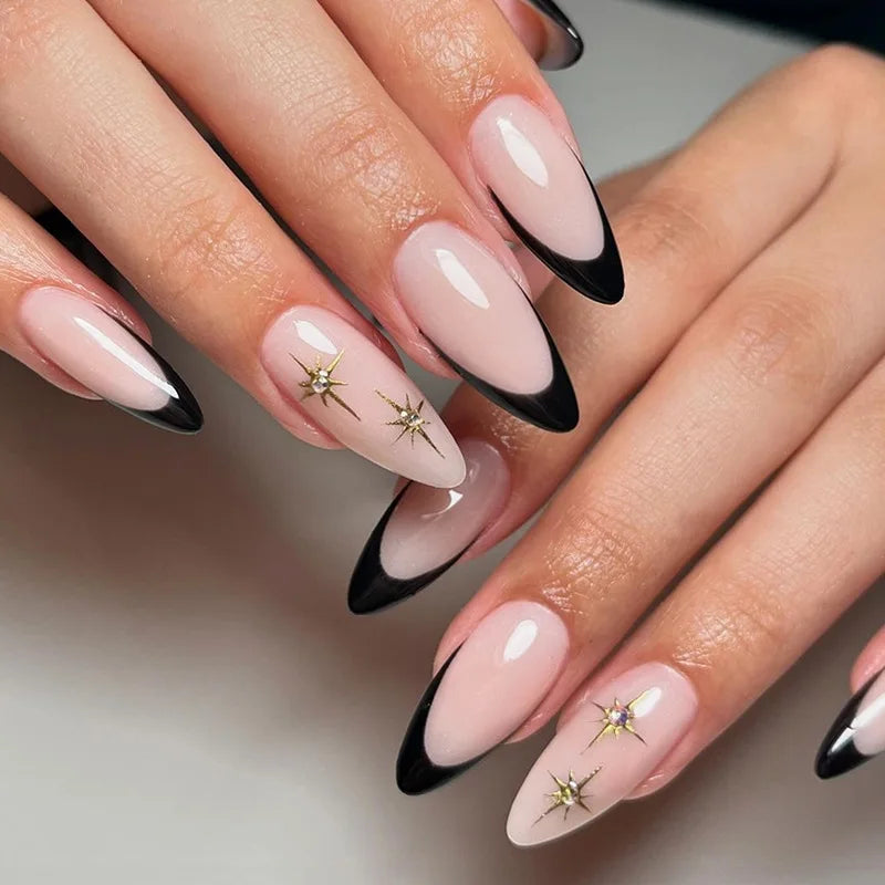 Black Cool Fake Nails Halloween Bat Press on Nails Almond Decorated Nail Tips Rivet Bow False Nails 24pcs Reusable Acrylic Nails 16