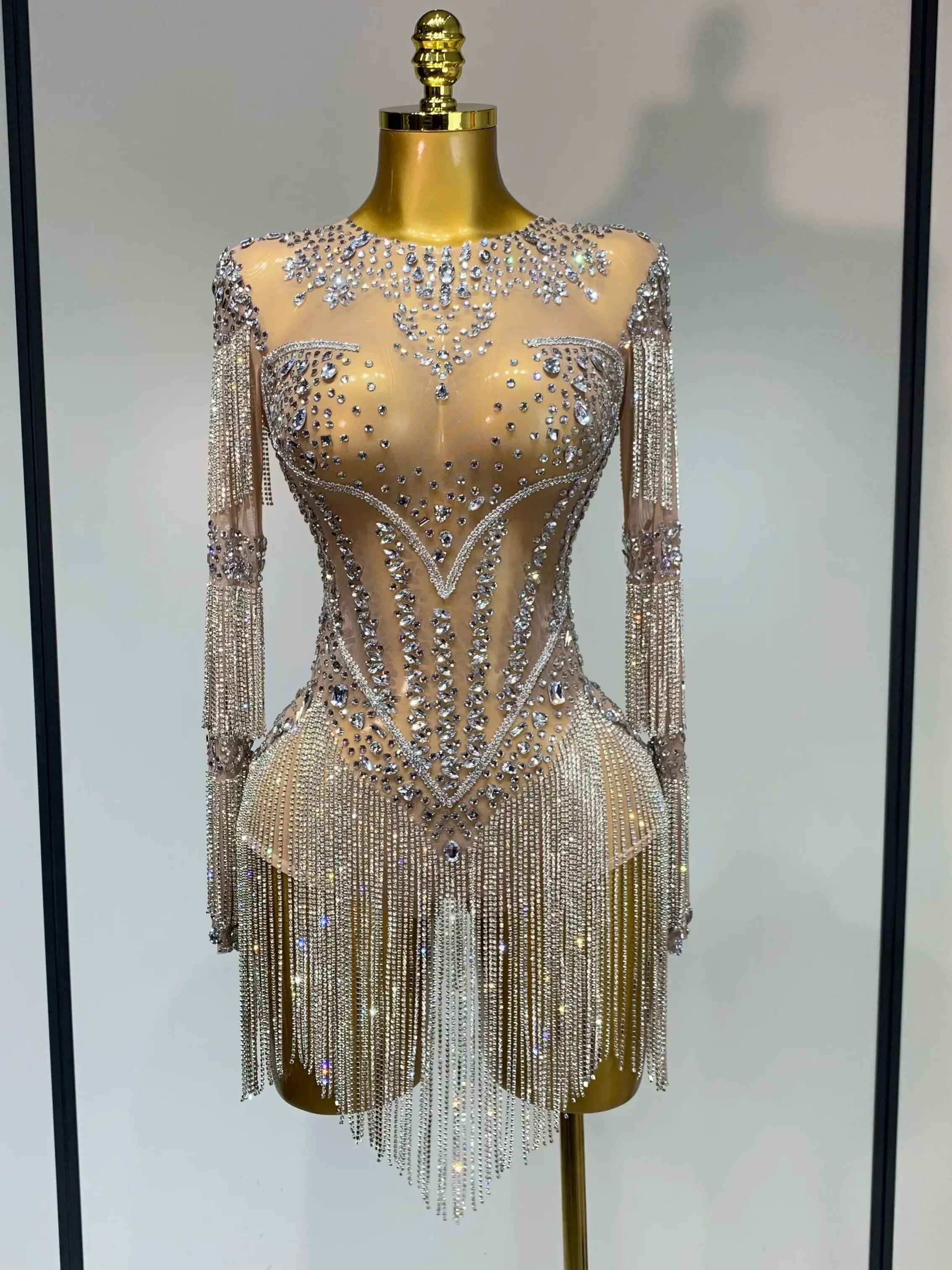 Luxury Birthday Evening Party Gown Sparkly Rhinestone Bodysuit Women Sexy Mesh See Through Performance Dance Stage Costume Silver