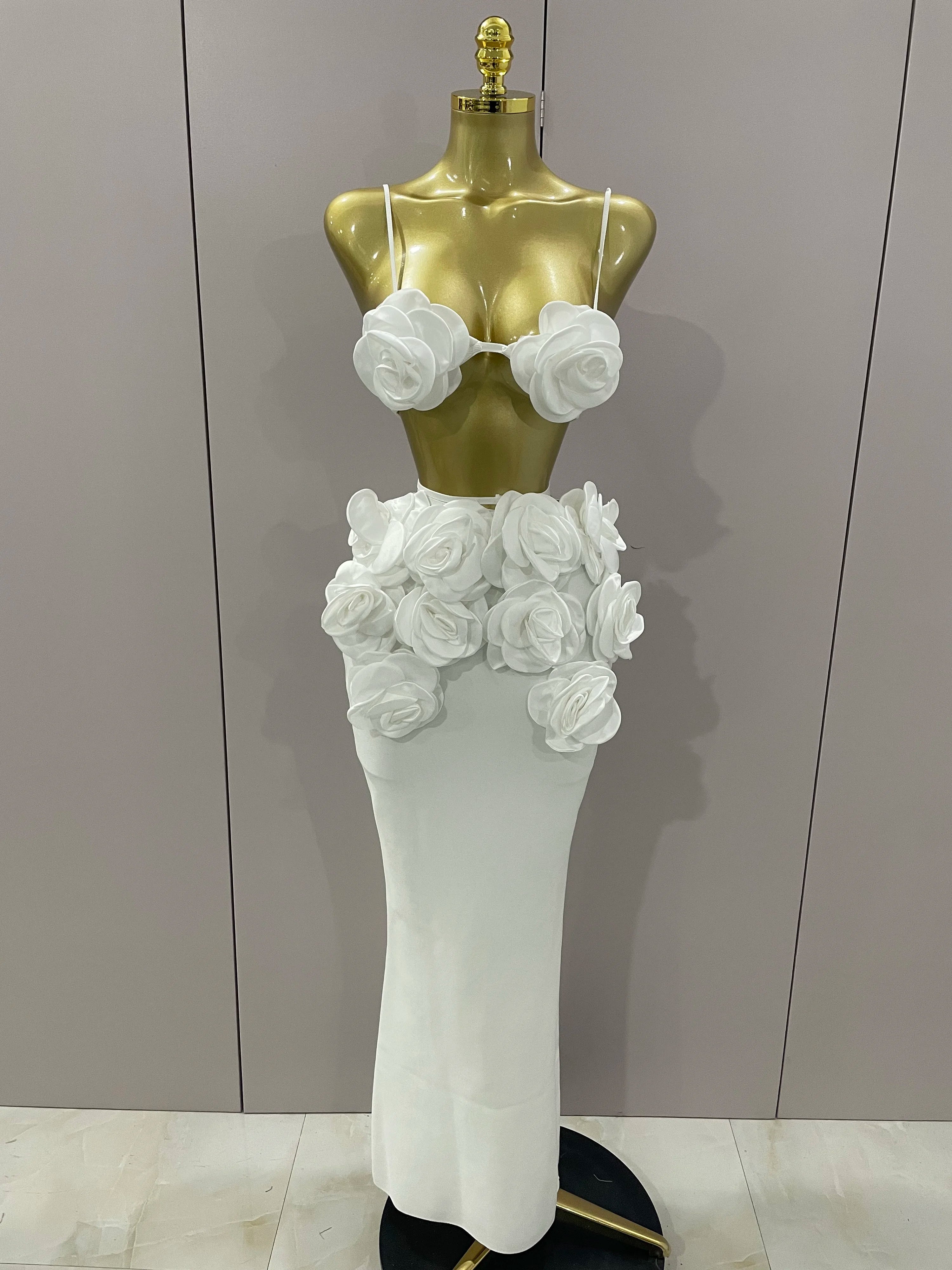 Sexy Camisole Floral Bandage Long Skirts 2-Piece Set 2025 Women Celebrity Elegant Party Cocktail Prom Gown Nightclub Outfit WHITE