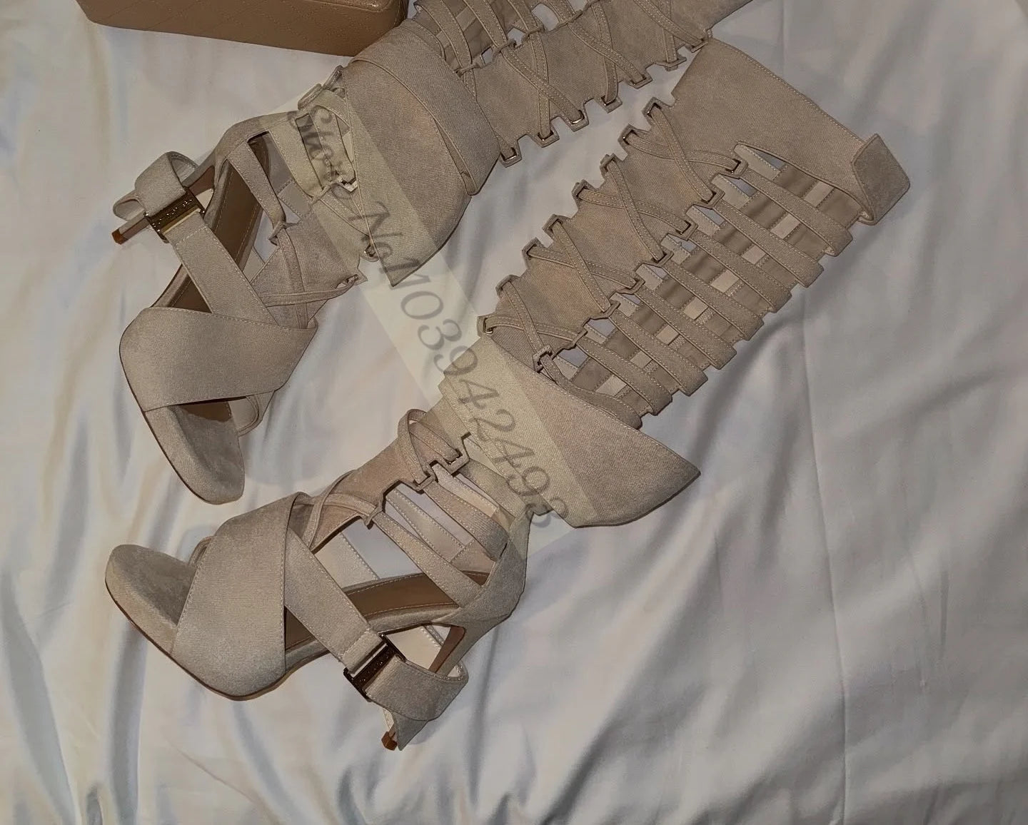 Gladiator Heels Cross Strap Heeled Sandals Women Luxury Designer Shoes Summer Autumn Sxey Solid Knee-High Sandalias De Mujer Beige