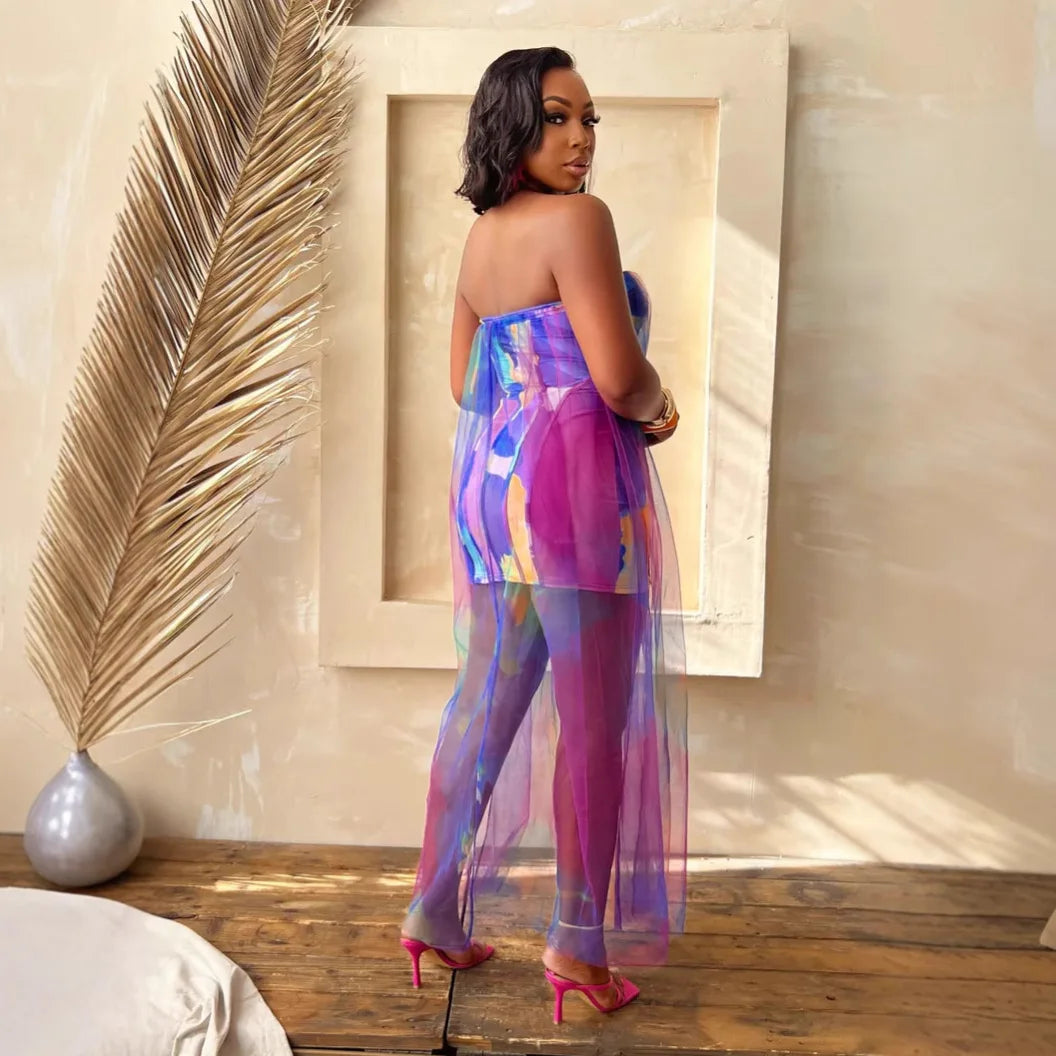 Women Sleeveless Tie Dye Print Strapless Mesh Bodycon Midi Long Maxi Dress 2025 Birthday Club Party Vestido Sexy Dresses