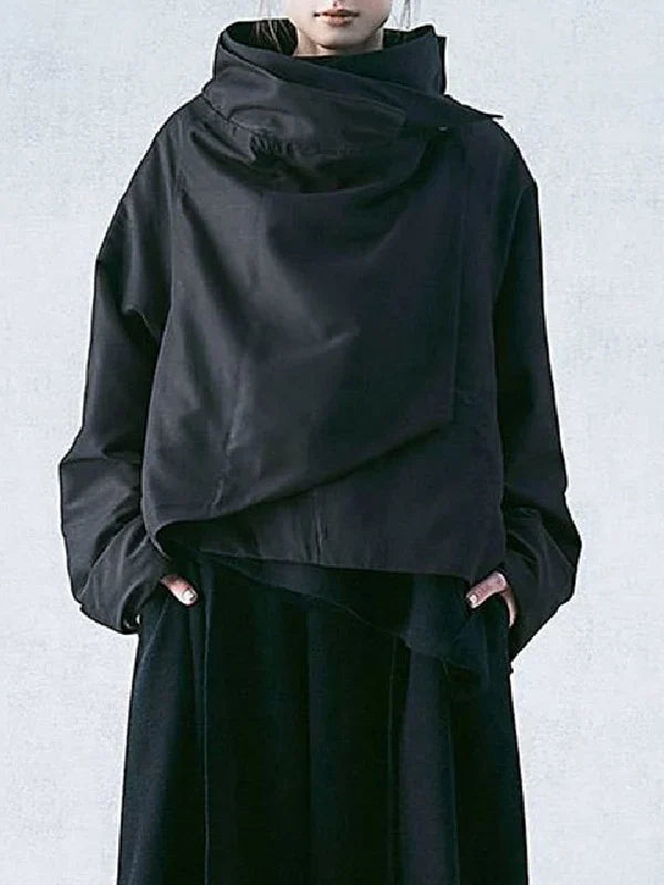 Freeacy Women's Autumn New Jacket High Neck Long Sleeves Loose Fit Coat Solid Color Asymmetrical Cool Outerwears for Female black