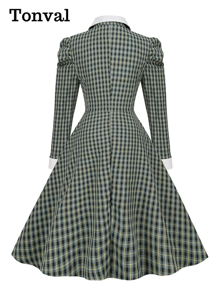 Tonval Gigot Sleeve Button Up Vintage Rockabilly Swing Dress Elegant Party Wear 2022 Women Fall Outfits Green Plaid Dresses