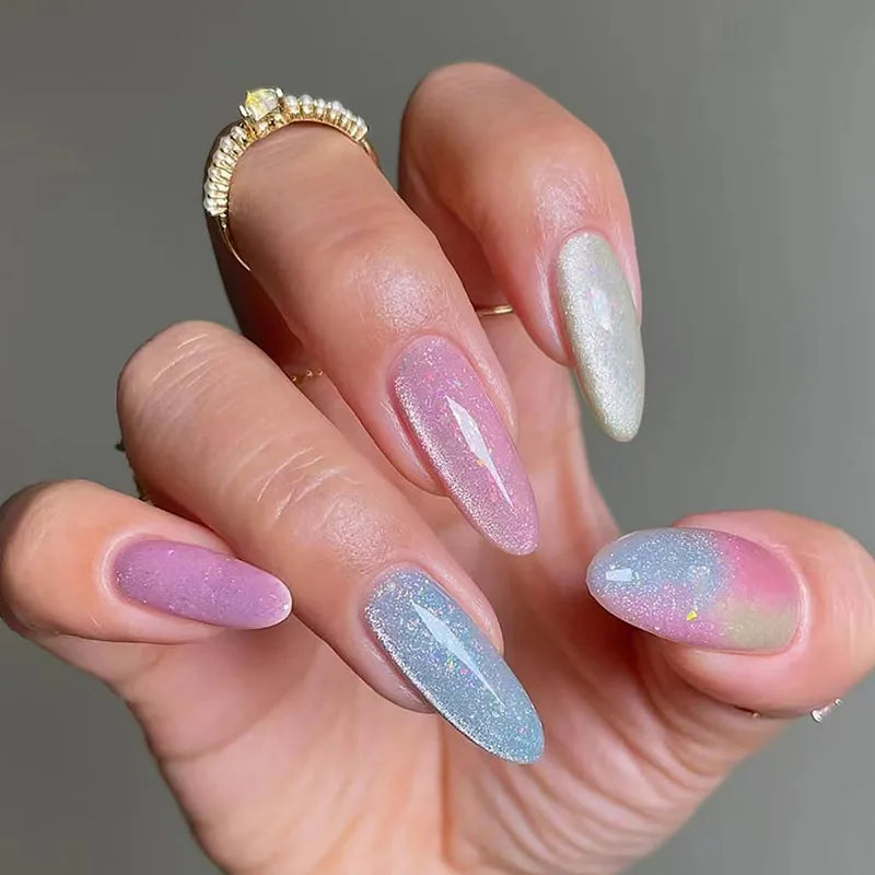 24pcs/set short medium fake nails shinny sparkling glitter square ballet nail tips starry star cat eyes press on false nail art 1552