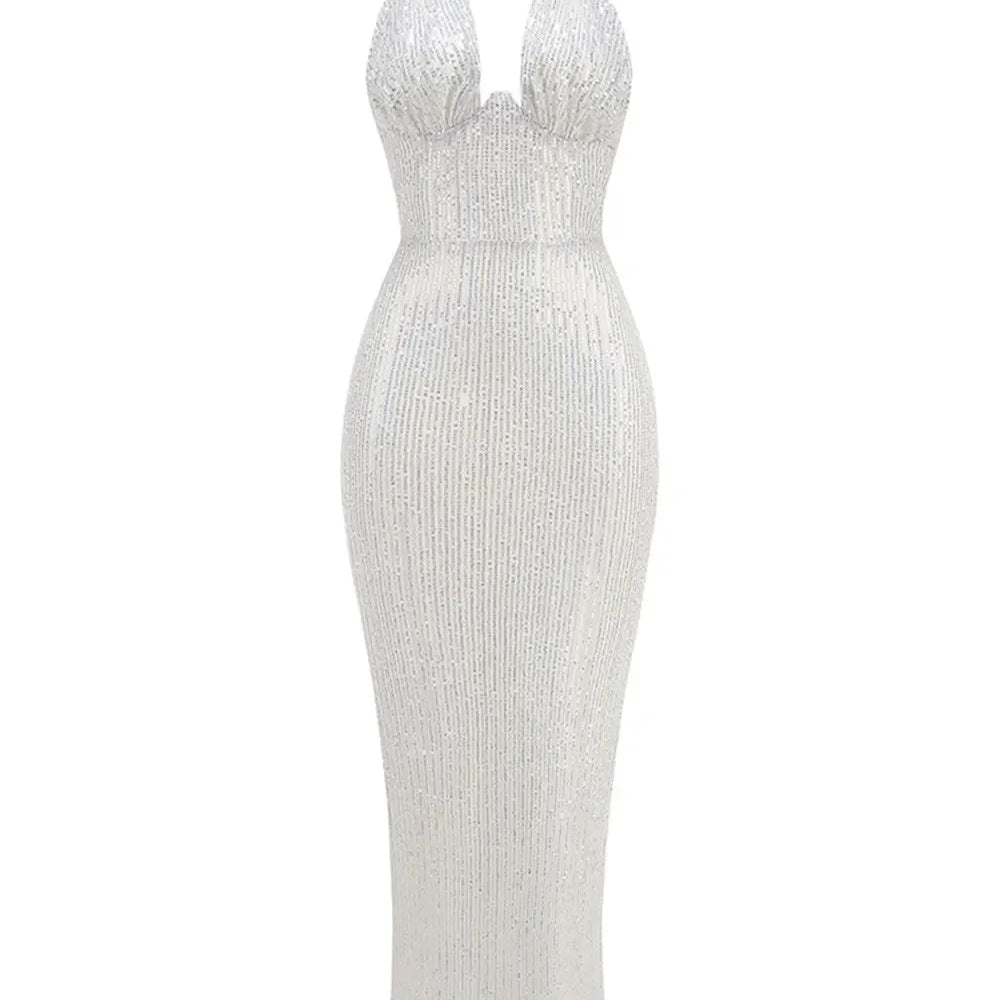 2024 Sexy Women's Maxi Red Sparkle Dress with Hanging Neck Sleeveless Bodycon Backless Long Dresses Evening Club Party Vestidos Silver