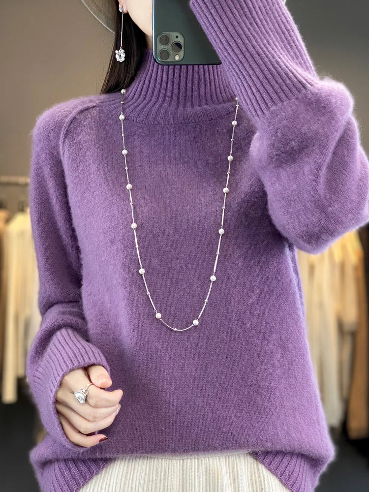Women Turtleneck Sweater Autumn Winter Basic Pullover 100% Merino Wool Long Sleeves Cashmere Knitted Jumper Female Clothing Tops Dark Purple