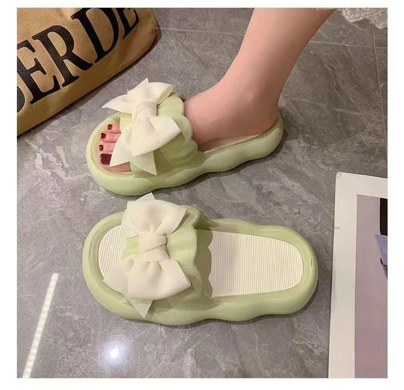 Slipper Women Men Summer Thick Bow Tie Slippers Women Indoor Home Sandals Couples Bathroom Slides Non-slip Soft House Slippers green