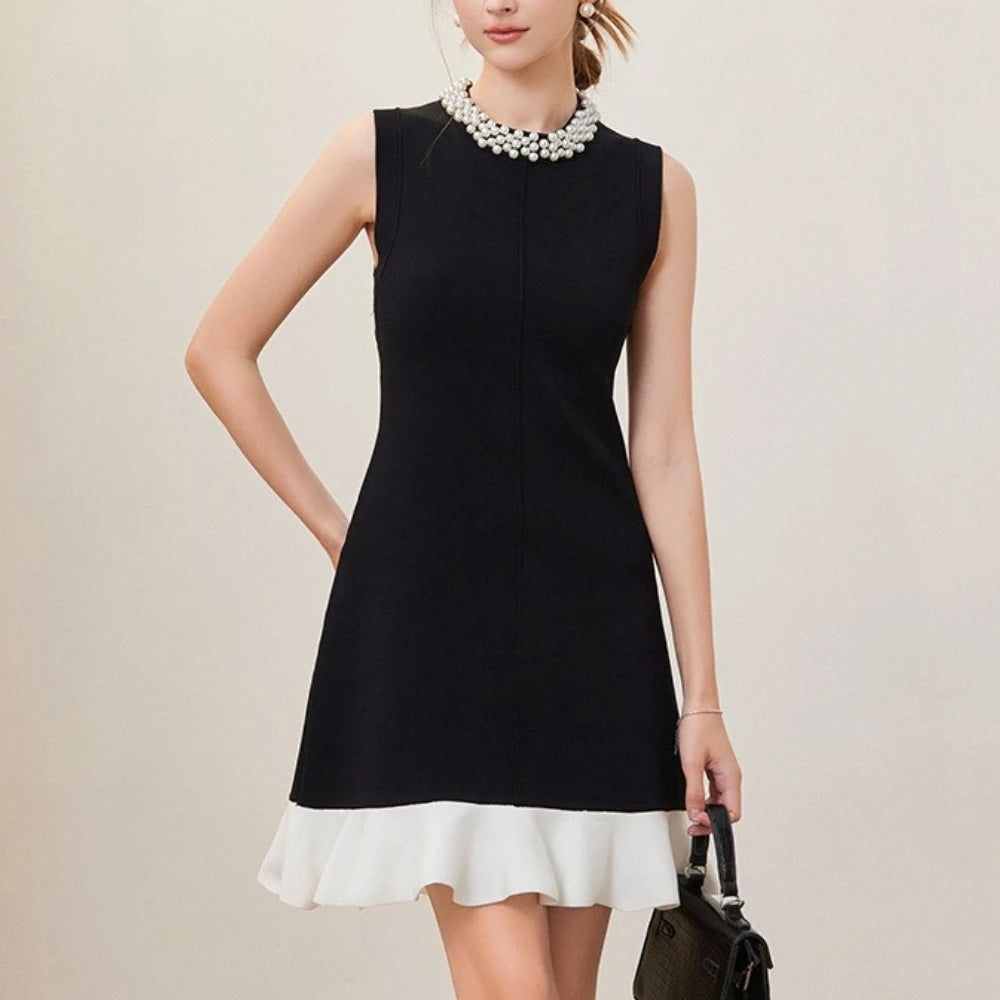 Hit Color Slimming Spliced Bead Elegant Mini Dresses for Women Round Neck Sleeveless Patchwork Ruffles Dress Female