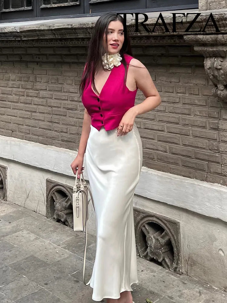 TRAFZA Women Fashion Skirts New Solid Satin Silk Texture Tight Skirt Woman Beach Style Chic And Elegant Women's Mermaid Skirt