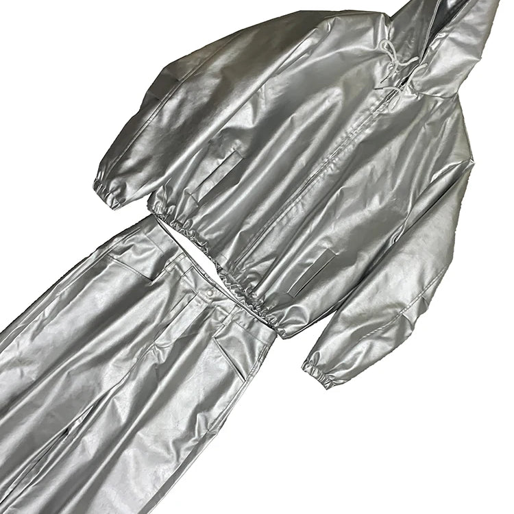 Mauroicardi Autumn Oversized Waterproof Silver Faux Leather Jacket Men with Drawstring Hood Zipper Loose Casual Korean Fashion