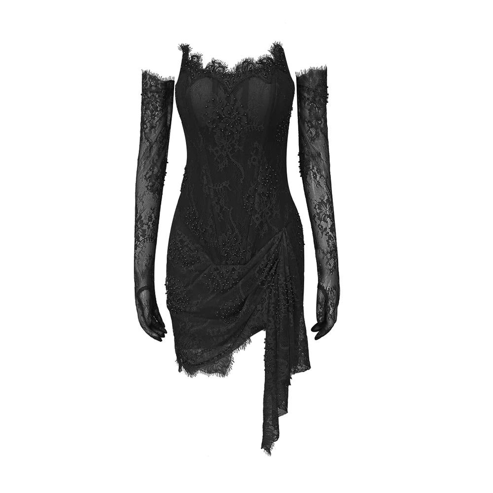 Birthday Party Dresses For Women Sexy Strapless Draped Design Lace Mini Dress With Gloves Long Sleeves black