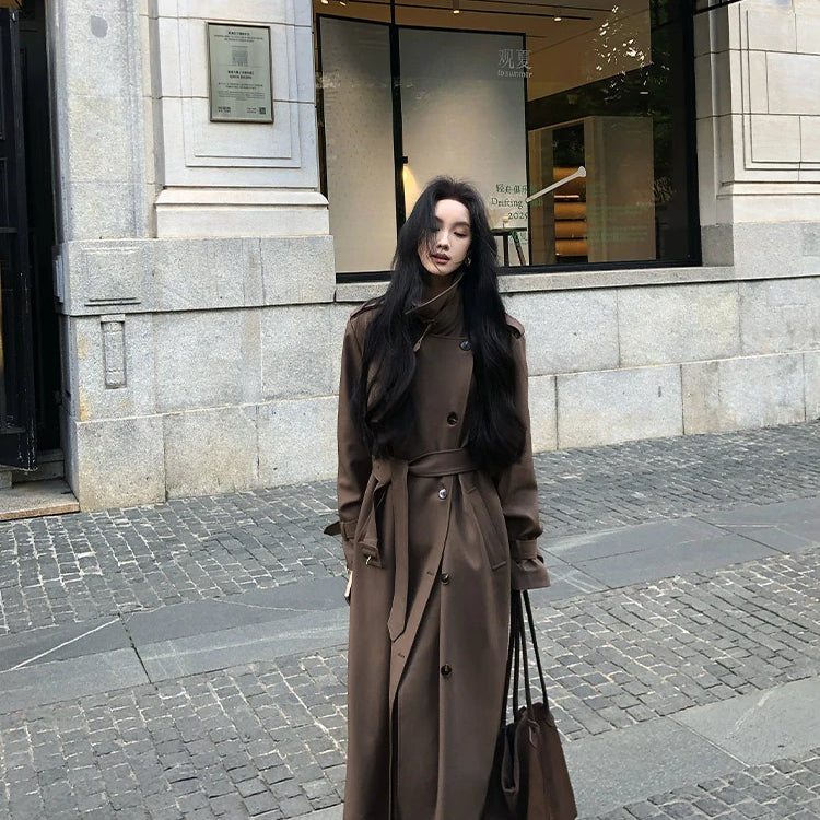 Lautaro Spring Autumn Long Flowy Coffee Trench Coat for Women Belt Double Breasted Loose Casual Overcoat Korean Clothes 2025
