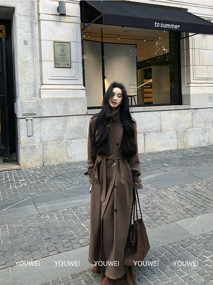 Lautaro Spring Autumn Long Flowy Coffee Trench Coat for Women Belt Double Breasted Loose Casual Overcoat Korean Clothes 2025