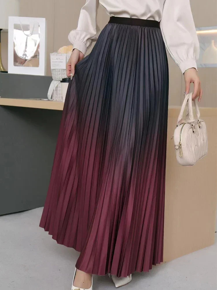 Floor-Length Long Pleated Skirt Women Gradient Color Lengthen Maxi Skirt Women Casual Patchwork Elegant Skirt Female Claret One Size