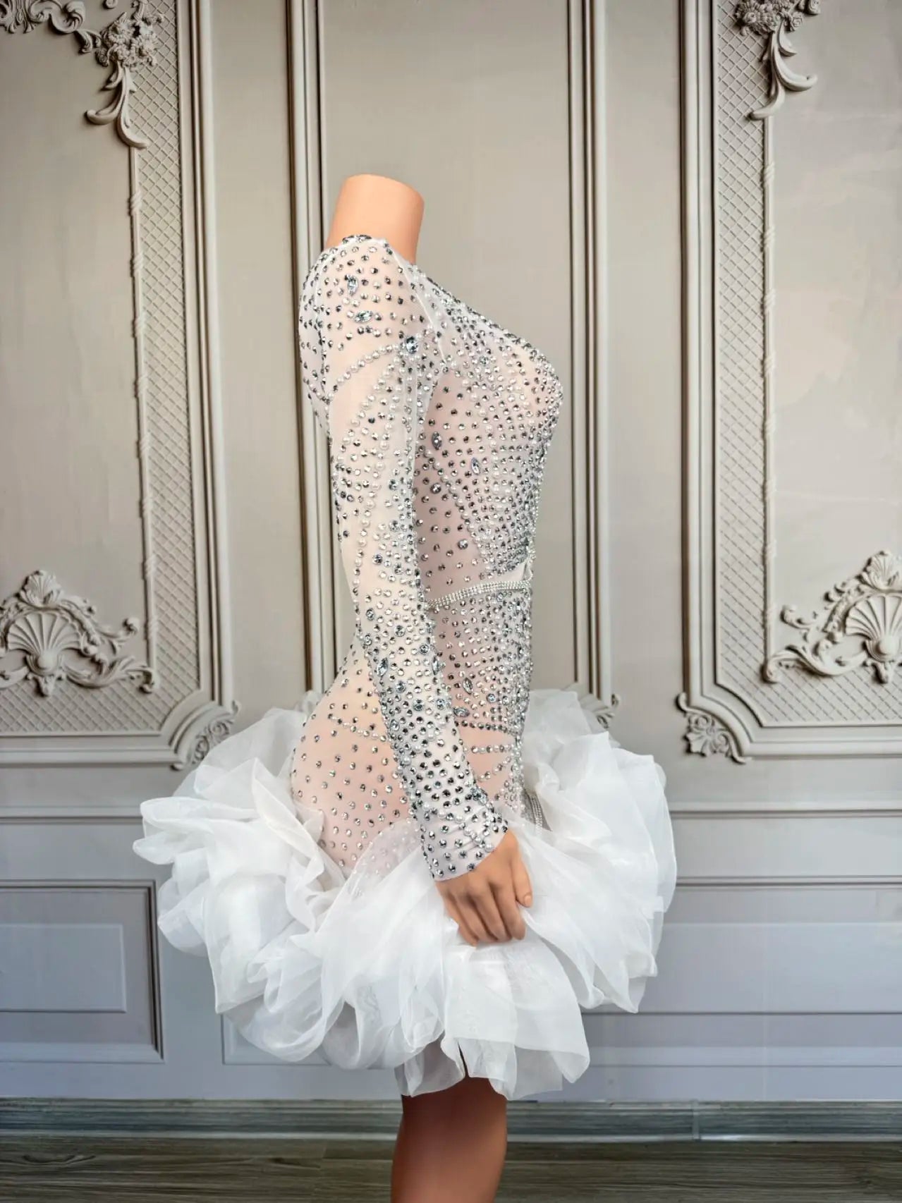 Sparkly Rhinestone White Pearls High-end Short Dress Sexy Women Deep V Neck tutu Mini Dress Nightclub Party Dress-up Outfit Babi