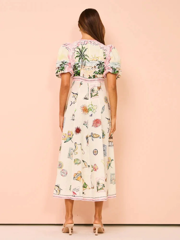 Women Casual Print Empire Waist Long Dress Short Sleeve Comfortable Loose Vintage Robe Party Club Vestidos Spring NEW