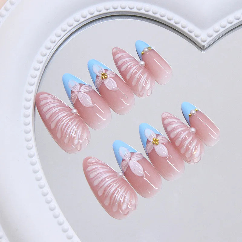 24pcs Dark Blue Press on Nails Starnight Swan Print Sweet Cool False Nails for Girl Wearable Reusable Almond Fake Nail Tips 4