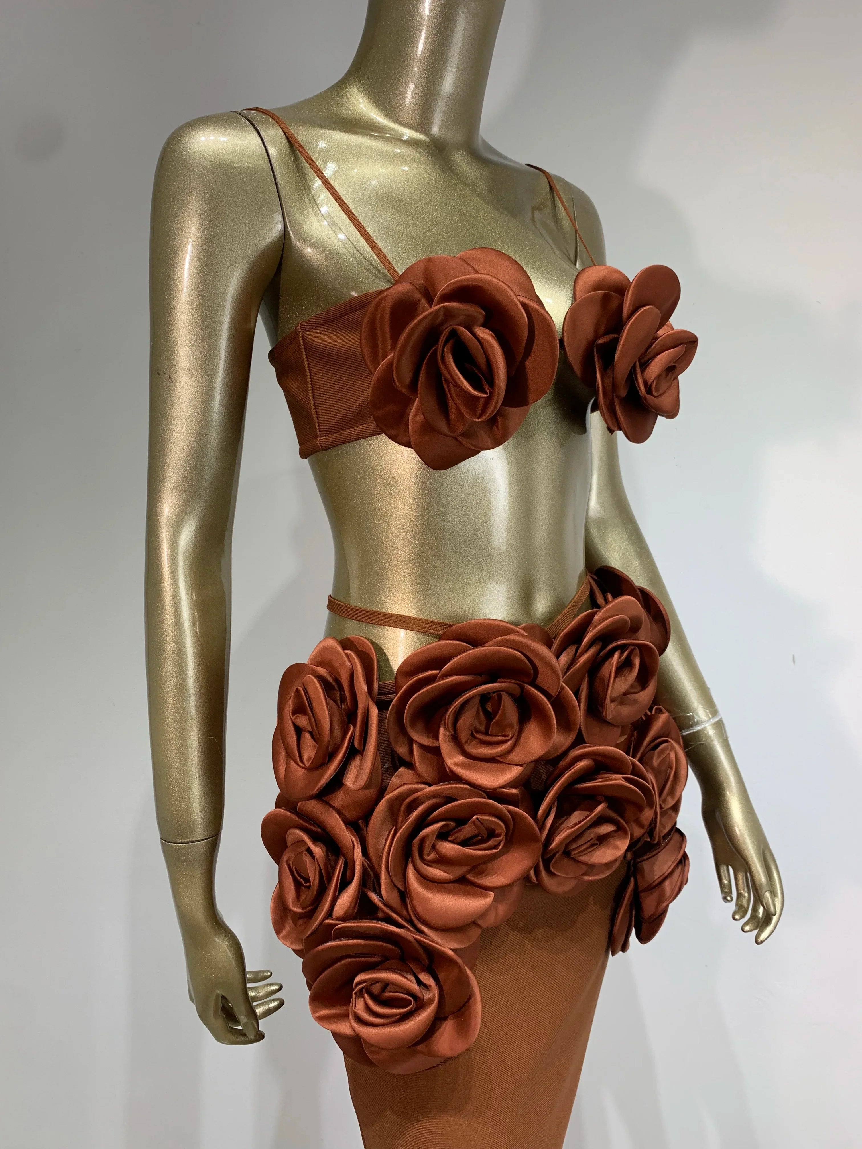 Women Celebrity Sexy Backless Halter Flower Brown Maxi Long Bandage Skirt Set 2025 Knitted Elegant Evening Club Party Clothing