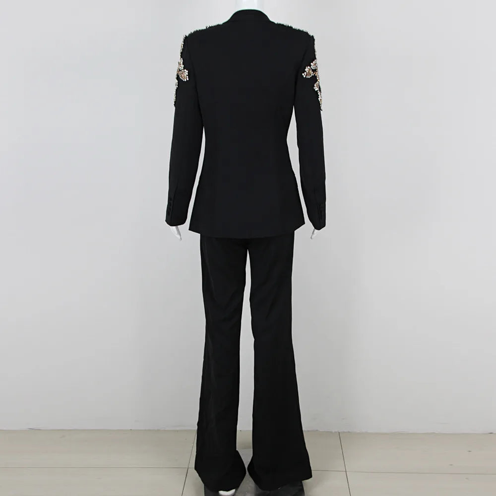 Slimming Two Piece Sets for Women V Neck Long Sleeves Spliced Appliques Top High Waist Wide Leg Pant Set Female New