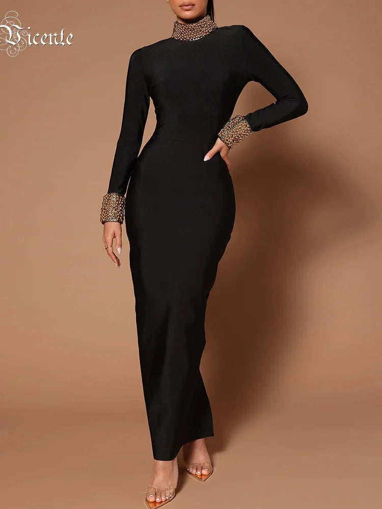 Winter Black Women Long Sleeve Sexy Golden Beading Bodycon Bandage Maxi Runway Cocktail Celebrity Evening Club Party Dress CHINA