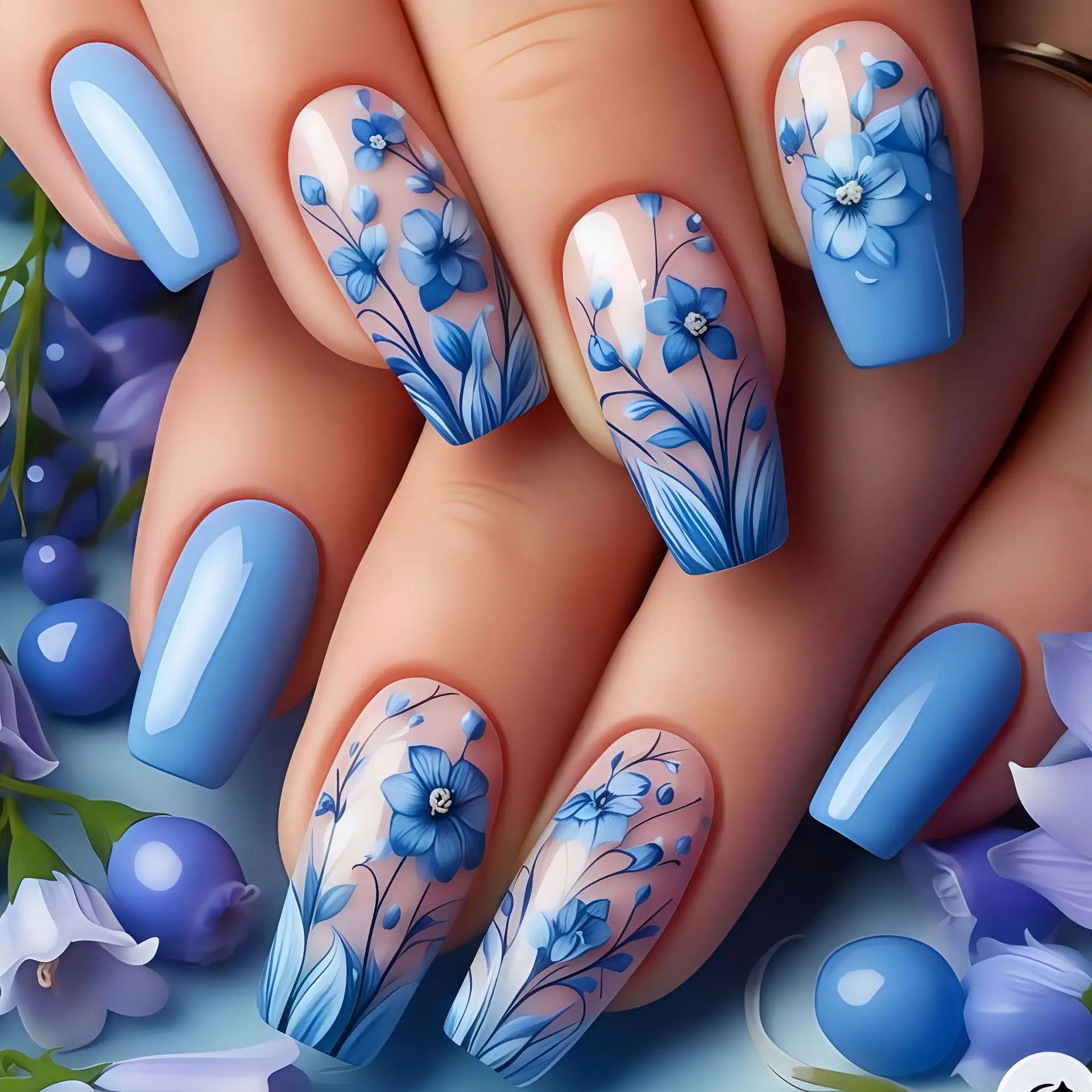 24Pcs Fake Nails Mid-length Ballet Press on False Nails with Blue Flowers Design Fashion Nails Set Detachable Nail Spring/Summer 1