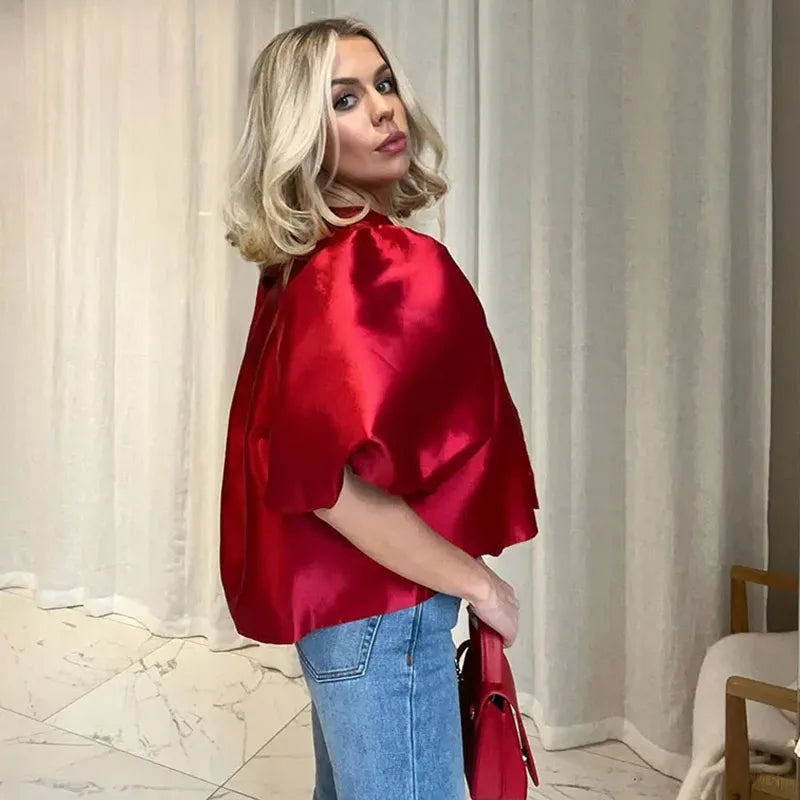 Satin Elegant Shirts Women White Lantern Short Sleeve O-neck Loose Female Blouses Spring Summer Lady Tops Chic Streetwear red