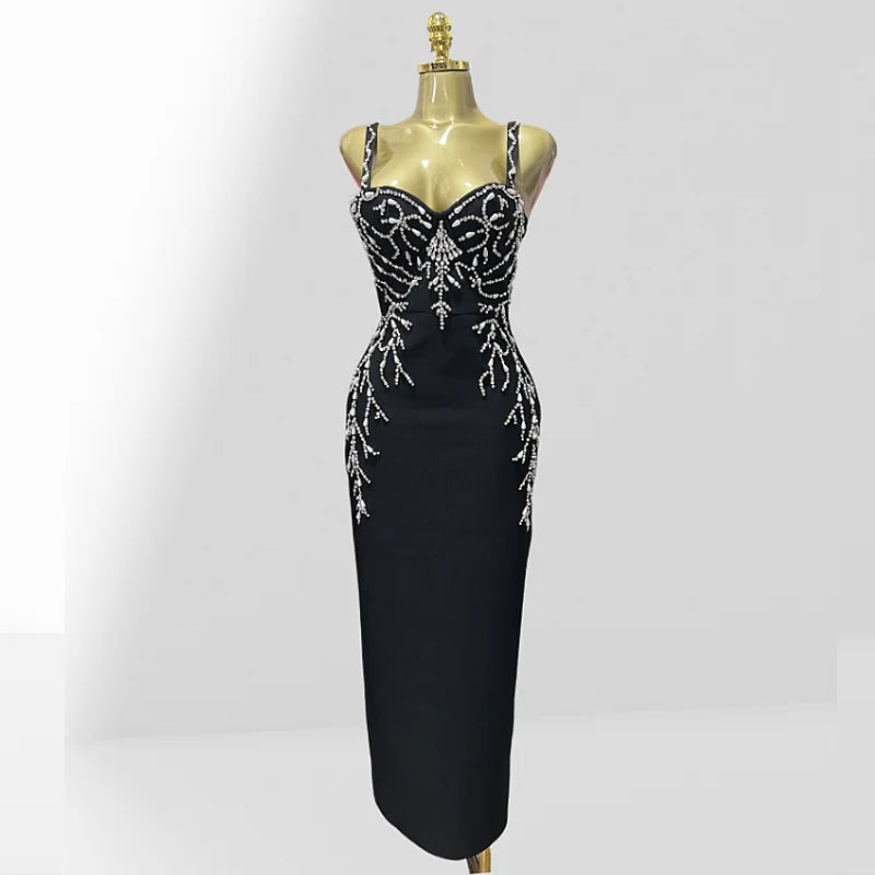 2025 Luxury Diamonds Spaghetti Strap Black Bandage Ankle Length Dress Woman evening Party Dress Celebrity Birthday Party Outfit