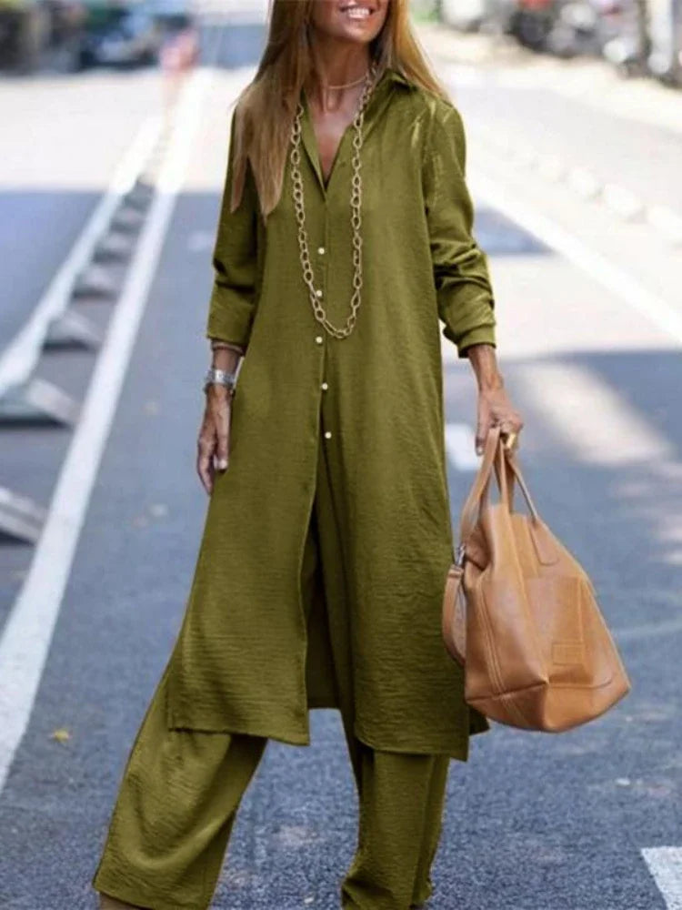 Summer Fashion Plus Size Women's New Matching Collection Elegant Loose Robe Wide Leg Pants Temperament Two Piece Set army green