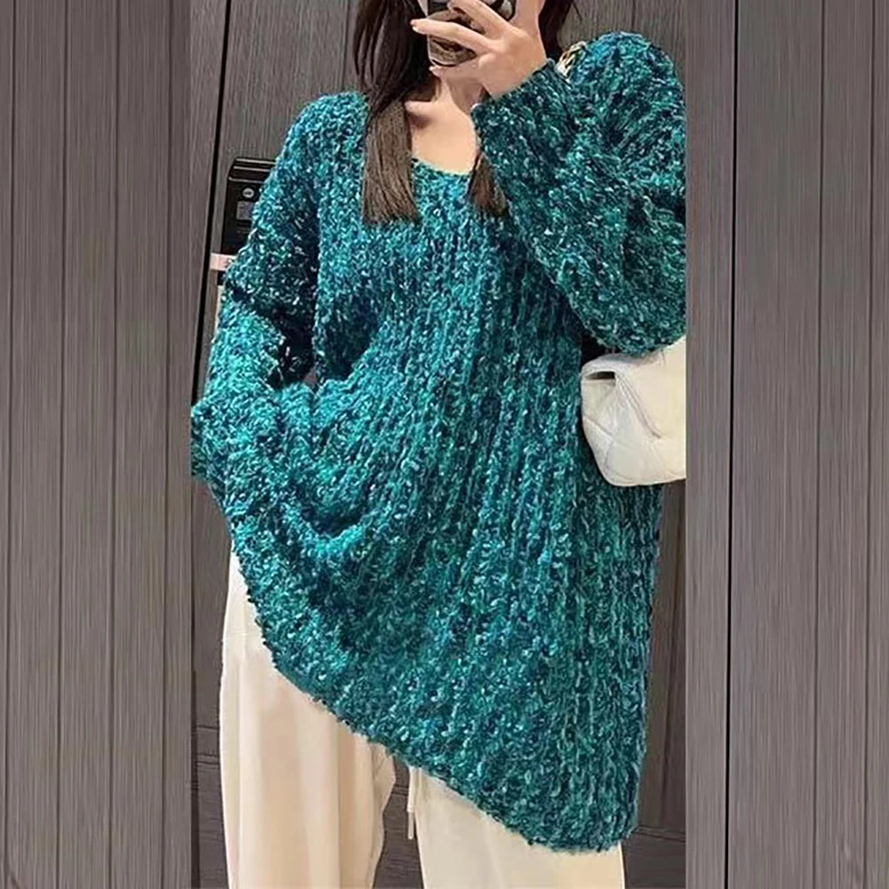 Women Sweater Casual Pullovers Autumn Winter Basics Knitted Korean Loose Striped O-neck Long Sleeve Elegance Sweet A-Blue One Size