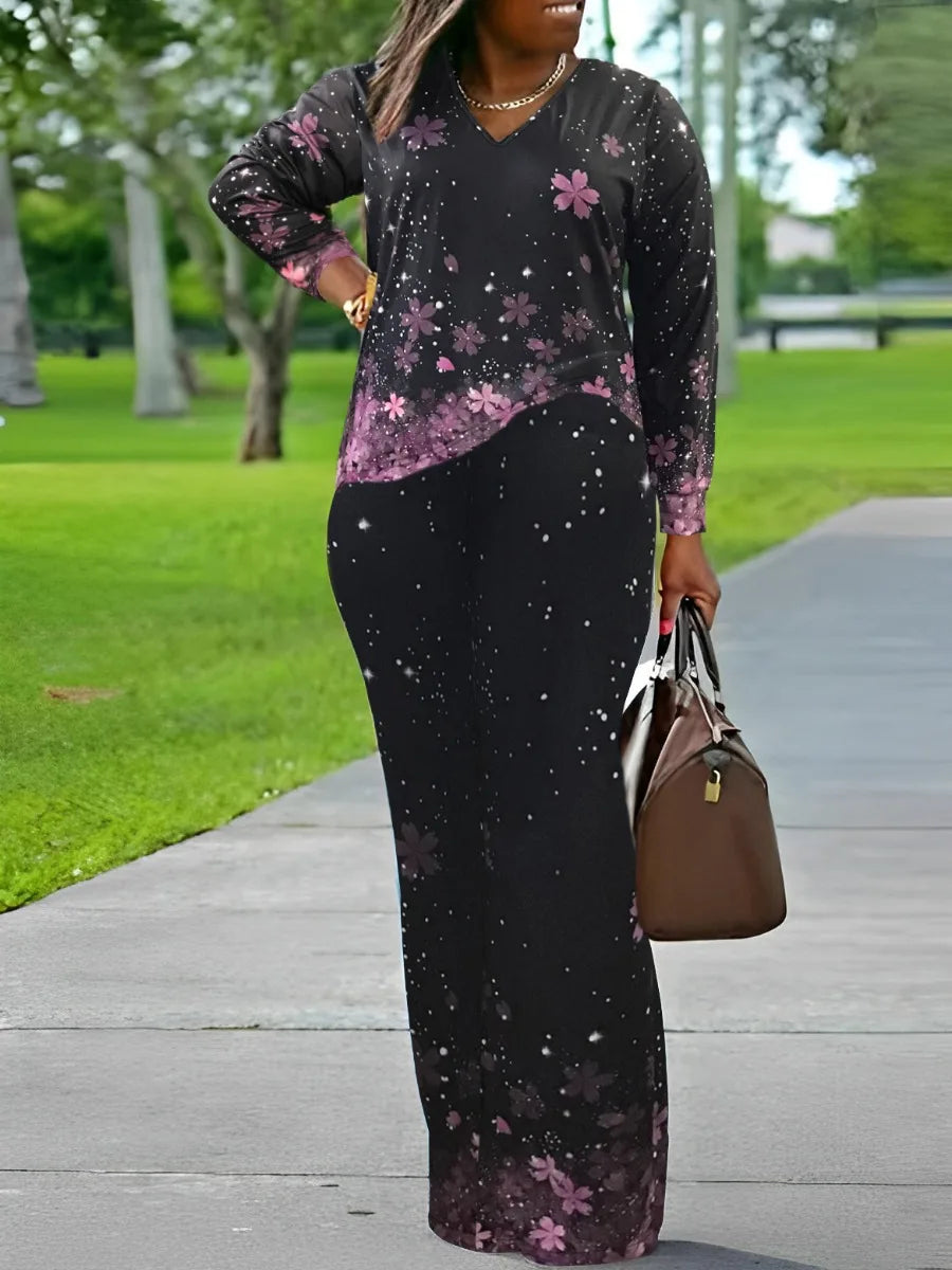 LW Plus Size V Neck Mixed Print Side Split Pants Set Casual Long Sleeve Top Fashion Loose Two Piece Set Outfit black