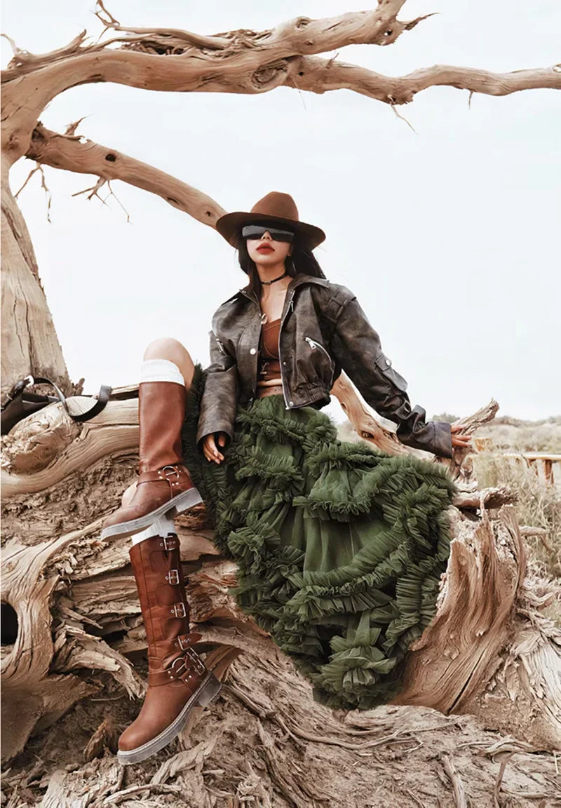 3 Colors Women's Irregular Hem Ball Gown Long Skirt Tulle Ruffles Multilayers Skirt Ladies Fairy Gauze Maxi Skirts Female Outfit