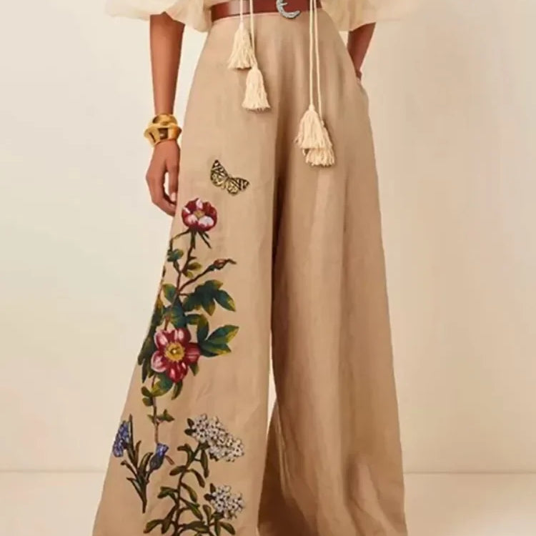 Krisnanas Women's Cotton and Linen Pants Fashion Pockets Flower Print Elasticity Belted Wide Leg Loose Trousers Pants