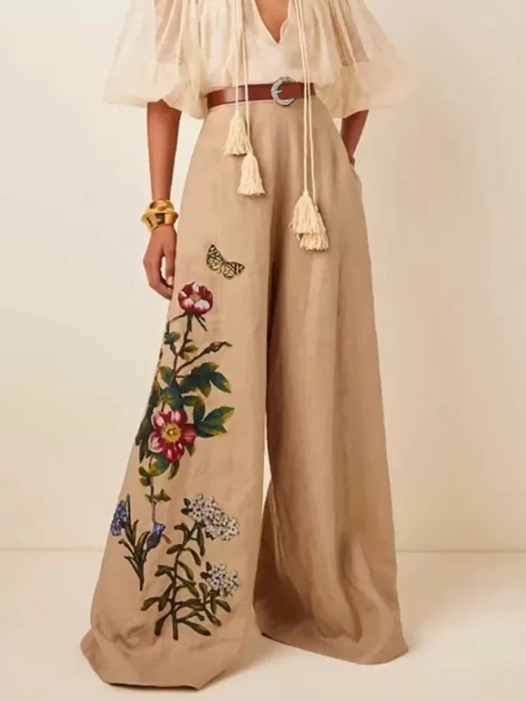 Krisnanas Women's Cotton and Linen Pants Fashion Pockets Flower Print Elasticity Belted Wide Leg Loose Trousers Pants