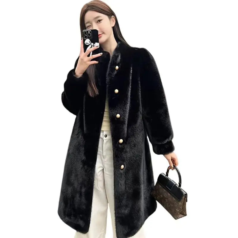 Long Faux Fur Coat for Women, Turn-down Collar, Loose Thicken Warm Teddy Jacket, Female Clothes, Winter, New, 2024