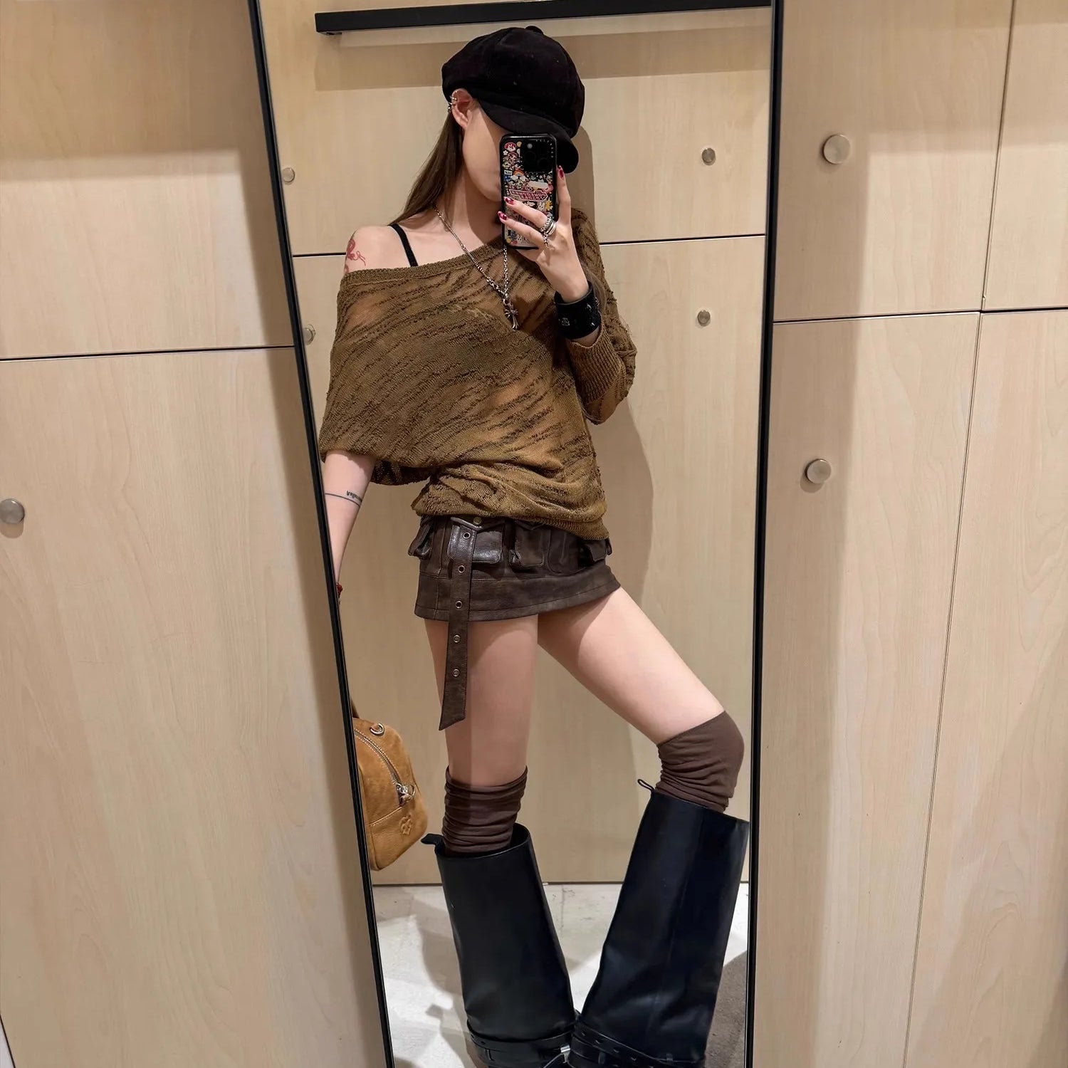 Lautaro Spring Summer Cool Sexy Vintage Distressed Brown Pu Leather Mini Skirt Women Three-dimensional pockets Belt Streetwear