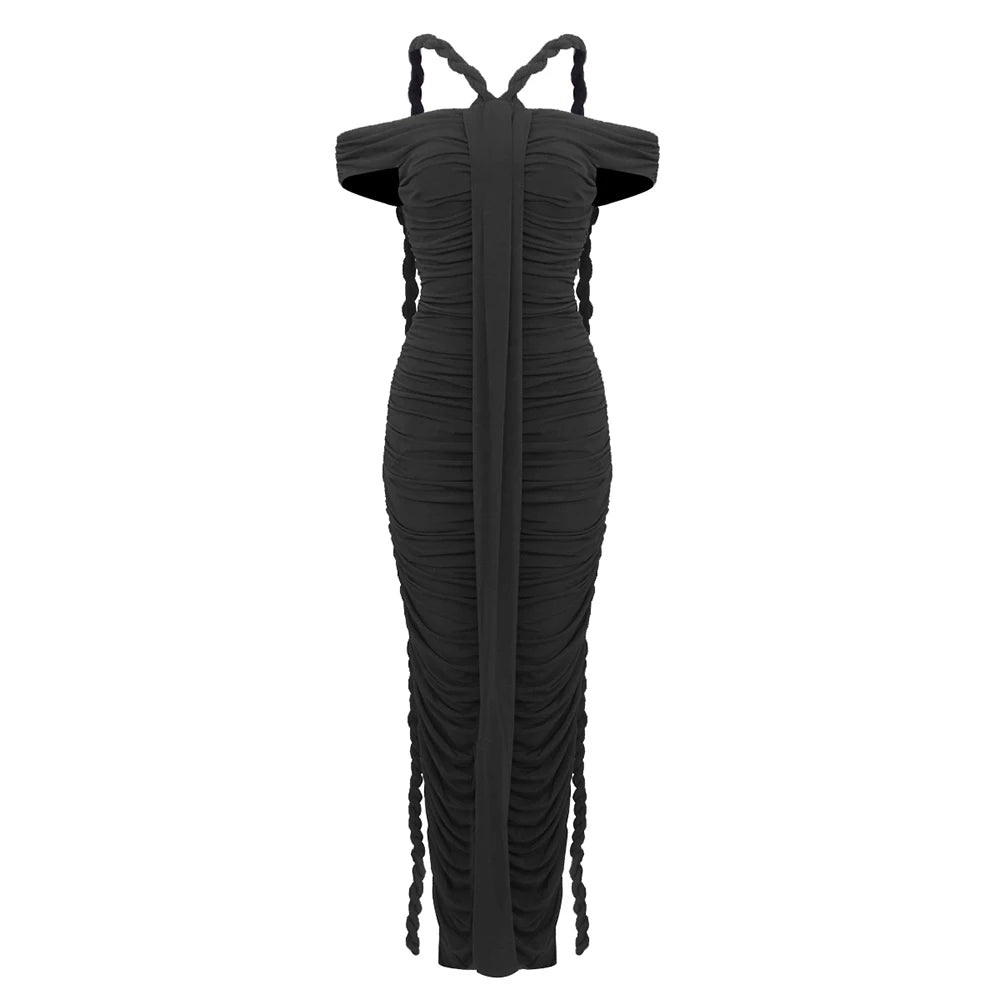 Braid Ribbon Ruched Bodycon Maxi Dress Women Off Shoulder Short Sleeves Slim Solid Evening Party Long Robe Gowns black