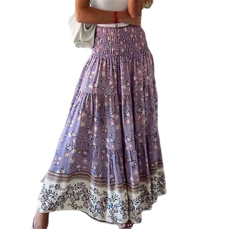 Sweet Style Casual Floral Print Skirts Vestido Summer Women Elastic High Waist Maxi Long Skirts Boho Ladies Holiday Beach Skirts