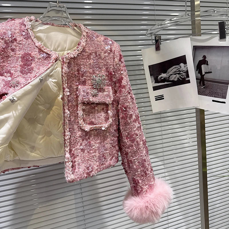 Winter New High-End Fox Fur Sleeve Sequin Tweed Cotton Lined Short Coat For Women Fashion Versatile Jacket 11A07501