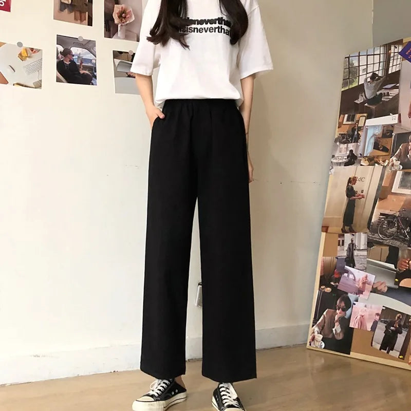 Korean Style Retro Pants Women Loose Casual Solid Color Straight Ankle-length Trousers Office Lady Versatile Sweatpants Female black