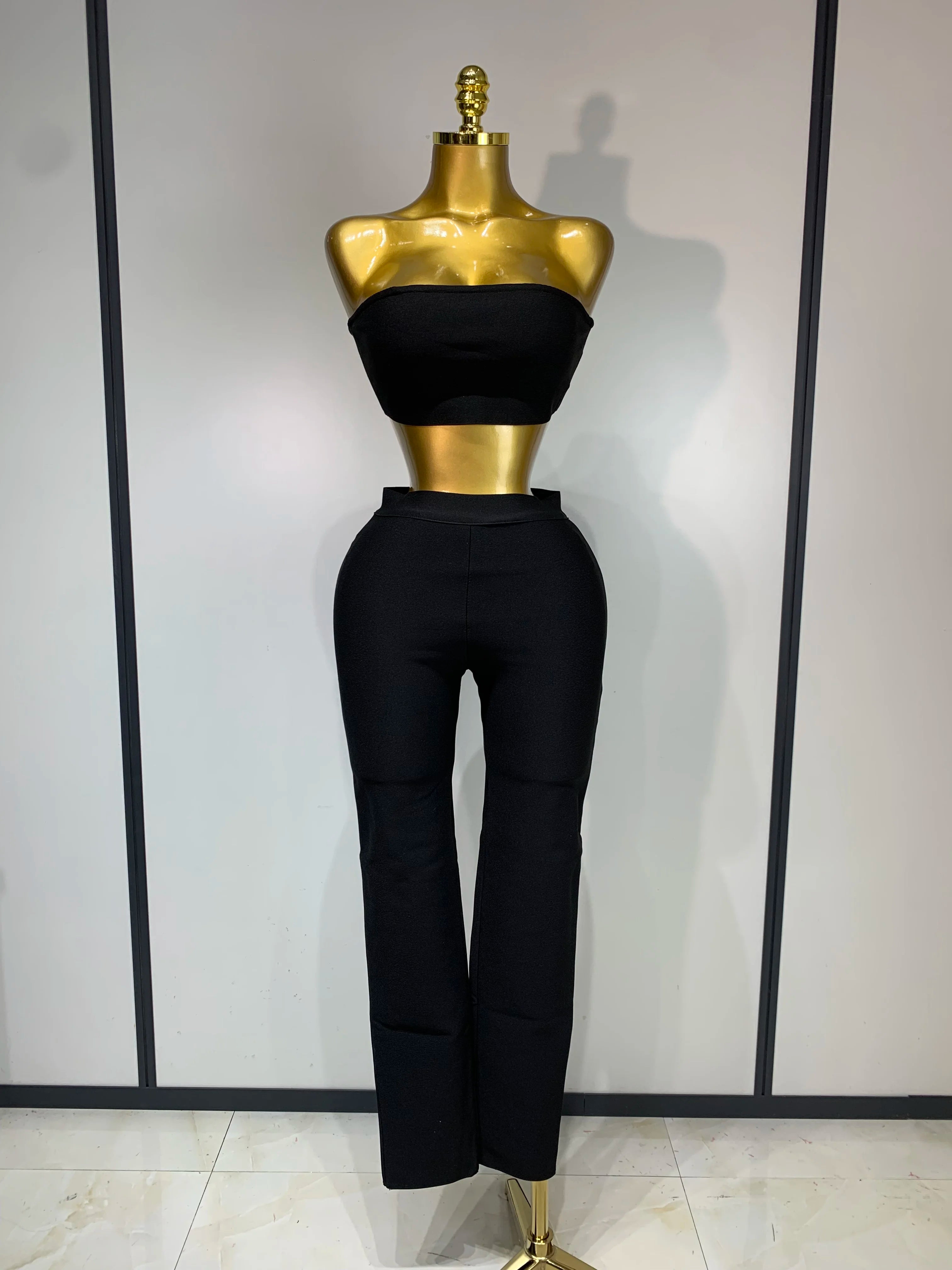 Women Celebrity Sexy Long Sleeve Beading Black Bodycon Bandage Three Piece Set Elegant Evening Club Party Birthday Outfits