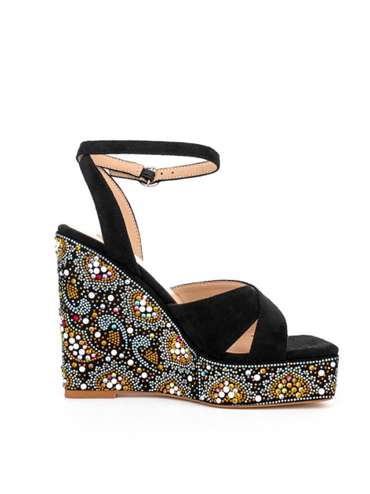Summer New Suede Thick Bottom Wedge Sandals Round Head Diamond Inlaid Super High Heel Buckle Platform Fashion Sandals N56 black